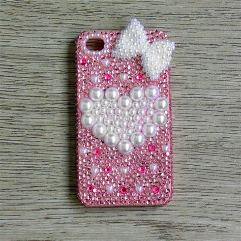 White Pearl Heart White Pearl Bow Pink Full Rhinestone Iphone 4 4s Case