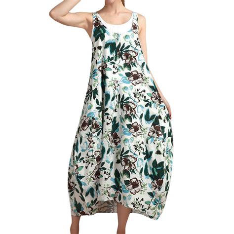 Womens Summer Floral Sleeveless Long A Line Cotton Plus Size Dress Women Casual Loose O Neck