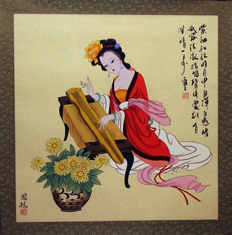 Antique Style Chinese Woman And Zither Painting Beautiful Asian Women