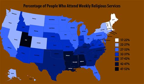 percentage of americans who attend church weekly by state map [oc] r dataisbeautiful