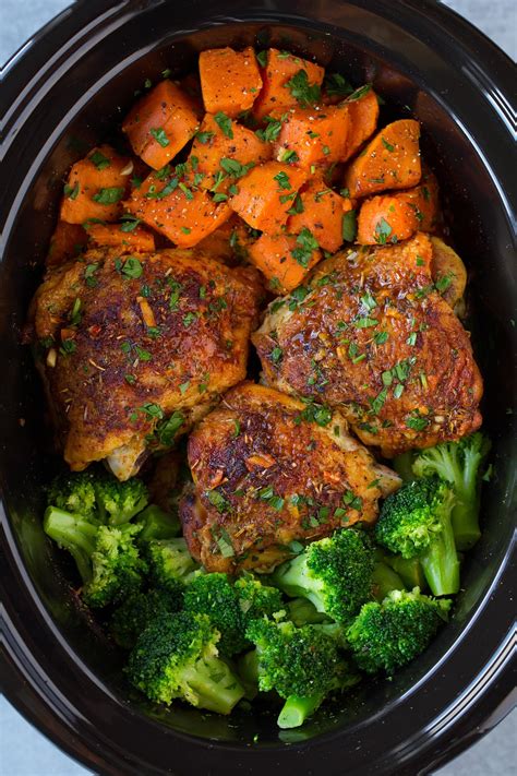 You'll love this easy crock pot recipe for chicken thighs cooked in honey garlic sauce. Slow Cooker Chicken with Sweet Potatoes and Broccoli - Cooking Classy