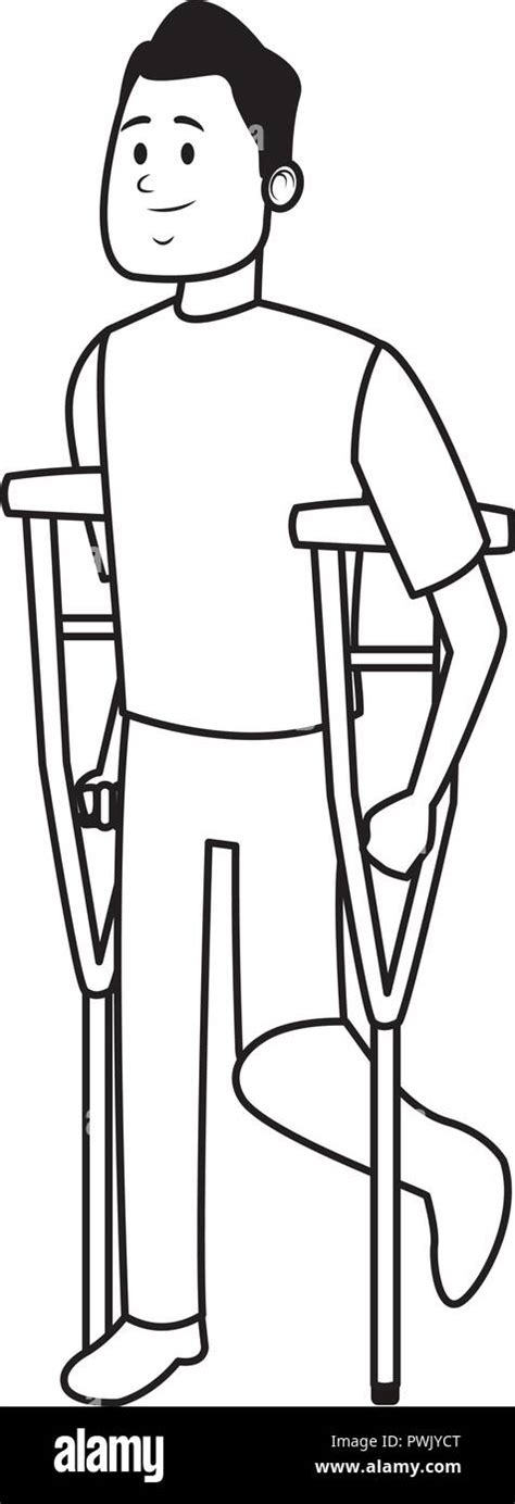 Man With Crutches Cartoon In Black And White Vector Illustration