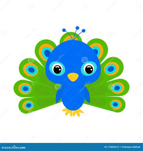 Cute Baby Peacock Flat Vector Stock Illustration On White Background