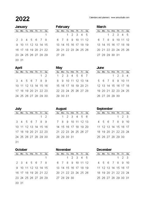 Year At A Glance Printable Calendar 2022 Printable Calendar 2021