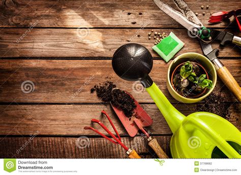 Gardening Tools On Vintage Wooden Table Spring Stock