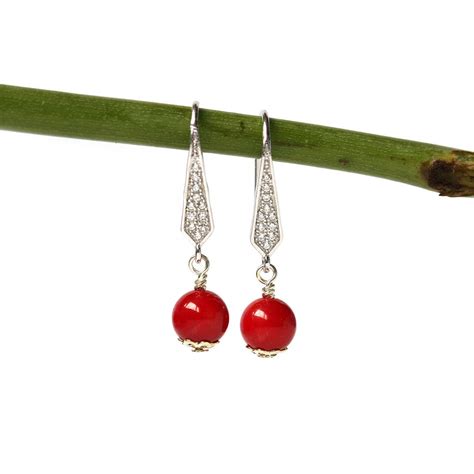 Red Coral Earrings Sterling Silver Dangle Earrings Cubic Etsy