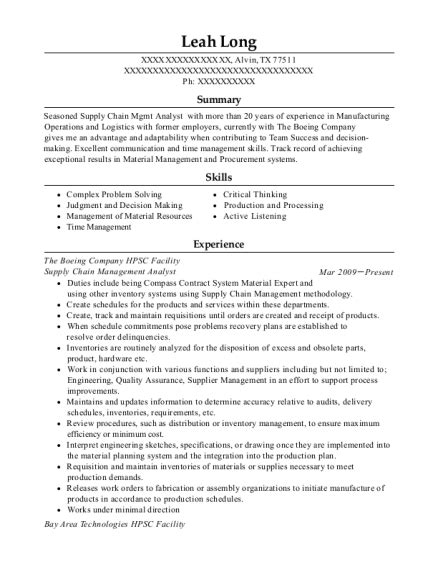 Collecting and analyzing supply chain data. Boeing Supply Chain Management Analyst Resume Sample - Ridgeville South Carolina | ResumeHelp