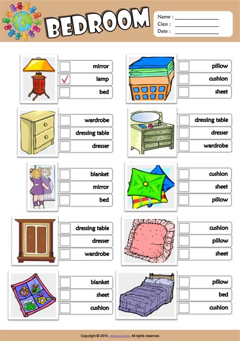 A bedside table, a night table, and a nightstand are all different names for a small table that is next to a bed. Bedroom ESL Vocabulary Multiple Choice Worksheet For Kids ...