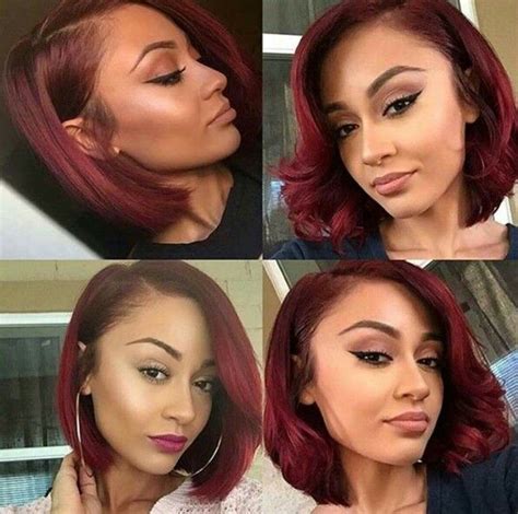 Highlights in mahogany color look gorgeous on black hair and make a bob hairstyle look outstanding. Cut and color | Burgundy hair, Hair cuts, Red bob hair
