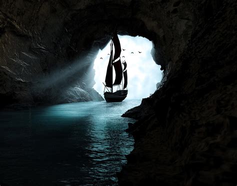 Wallpaper Boat Cave Water Art Dark Hd Widescreen High