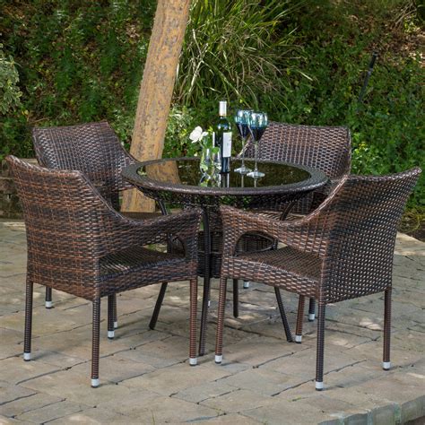 Parks 5 Piece Outdoor Round Glass Top Wicker Dining Set Multibrown