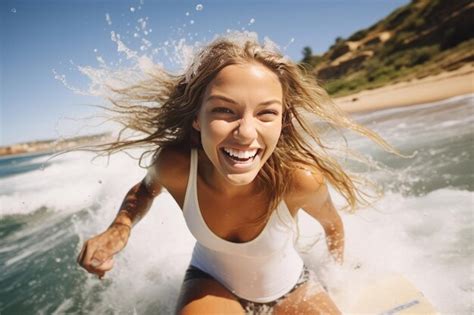 Premium AI Image Adventurous Female Surfer Having Fun At The Beach In Summer