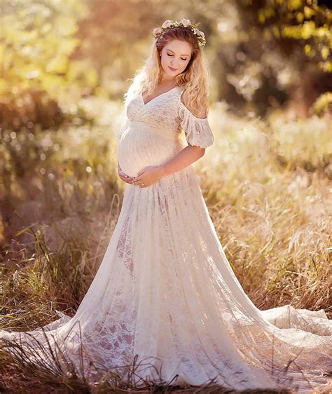 Plus Size Chic Lace Maternity Dresses For Photo Shoot With Short Sleeves Split Front Pregnant