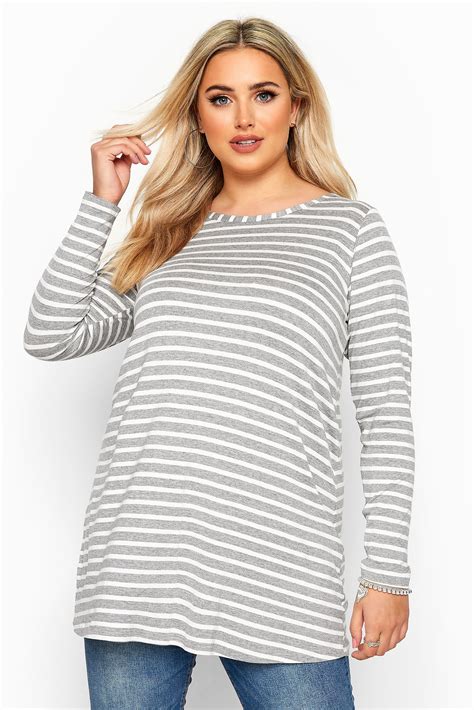 Grey And White Striped Jersey Top Yours Clothing