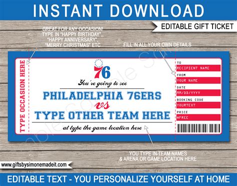 Philadelphia 76ers Game Ticket T Voucher Printable Surprise Nba