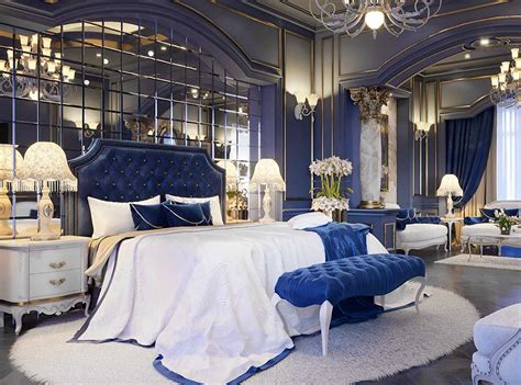 Luxury Royal Blue Bedroom Decor With Art Deco Style Blue Velvet Bed