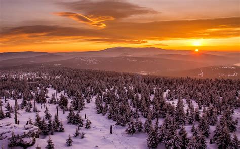 Sunset Behind Mountains Forest Snow Clouds Phone Wallpapers