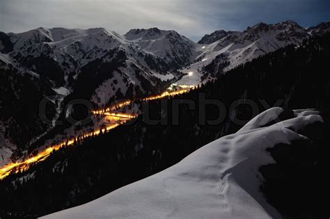 Night Road By Mountain Ski Resort Chimbulak In Almaty Kazakhstan