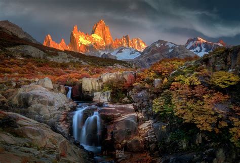 Secret Waterfall In Autumn Forest Mt Fitz Roy In The Bac Flickr