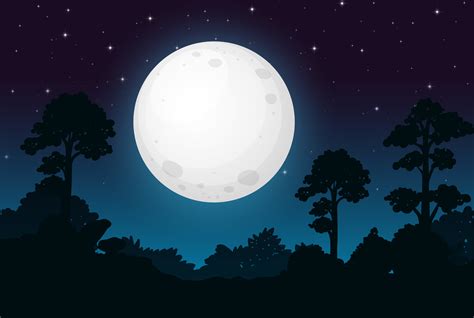 Cartoon Full Moon On Dark Starry Night Sky Starry Vec