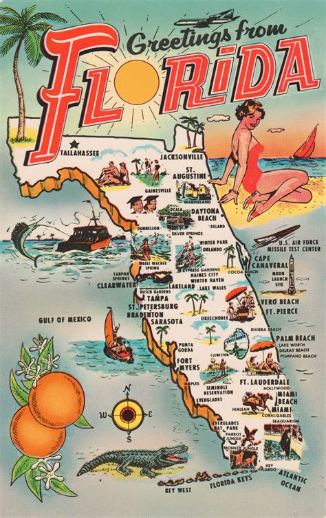 Pin By Ally Cat On Post Cards Map Of Florida Florida Poster Vintage