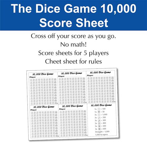 Printable Rules And Score Sheet For The Dice Game 10000 For Etsy