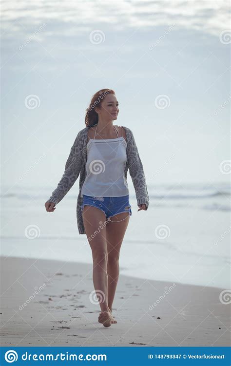 Woman Walking On The Sand At Beach Stock Image Image Of Beautiful
