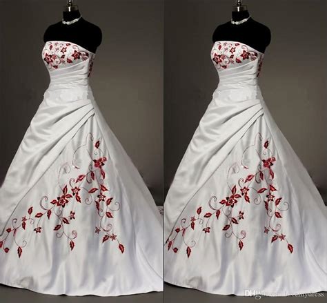 White Satin Red Embroidered Wedding Dresses Plus Size Ball Gown For