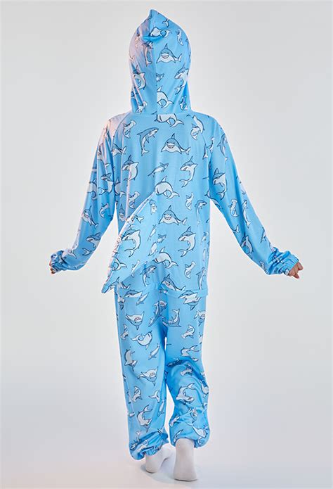 Shark Print Onesie Pajama Women Pajama Blue White Long Sleeves