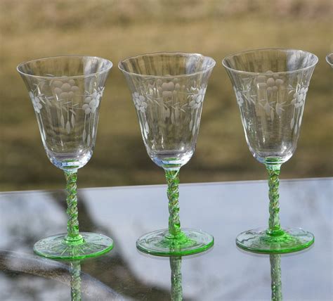 Vintage Green Stem Etched Wine Glasses Set Of 5 Green Vaseline
