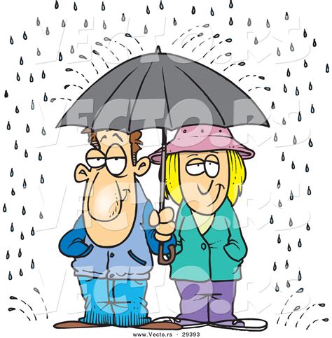 Vector Of A Unhappy Cartoon Man And Woman Sharing An Umbrella In The
