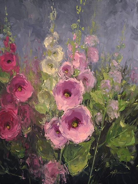 Summer Hollyhocks By Stacey Peterson Oil ~ 24 X 18 Flower Art