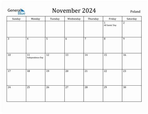 November 2024 Monthly Calendar With Poland Holidays