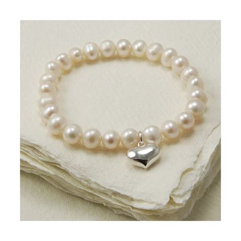 Freshwater Pearl Stretch Bracelet With Silver Heart Charm