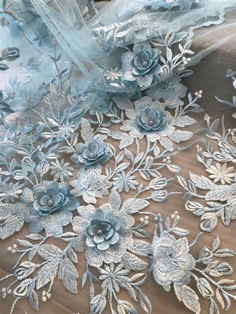Two Tone Blooming Flowers Fabric Light Blue Lace Fabric 3d Pearls
