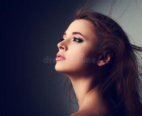 Beautiful Makeup Woman Profile With Long Hair Looking Up