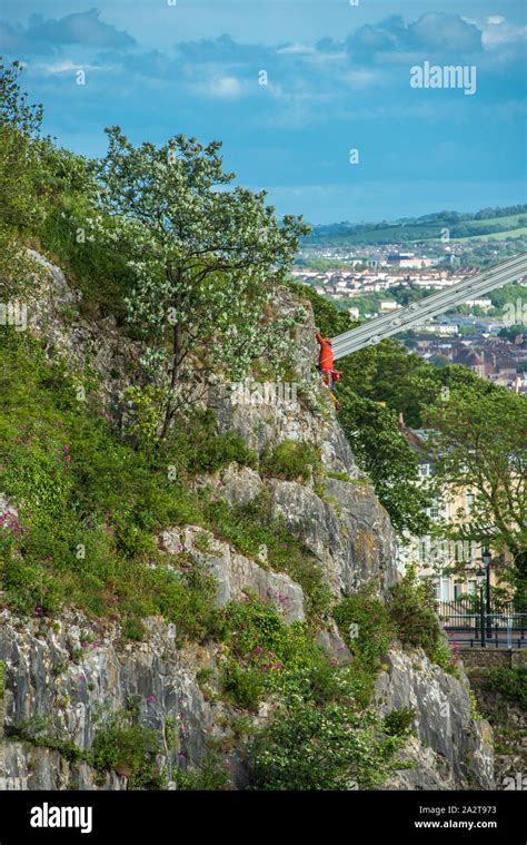 Rock Climber On Avon Gorge Next To Clifton Suspension Bridge Bristol