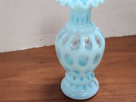 Fenton Blue Opalescent Coin Dot Vase