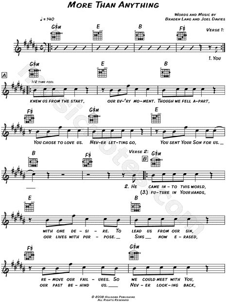 Hillsong United More Than Anything Sheet Music Leadsheet In G