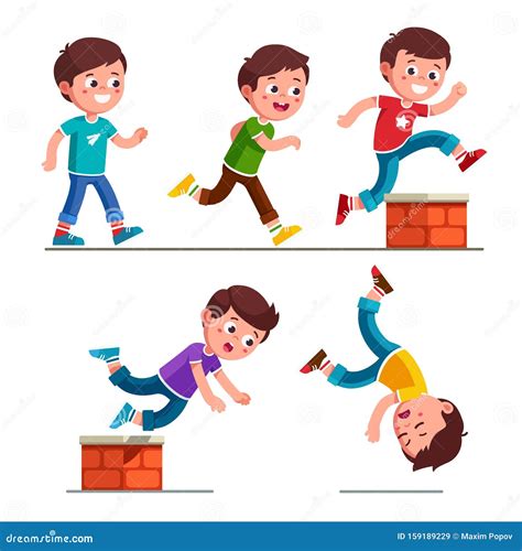 Boy Kid Walking Running Jumping And Falling Down Stock Vector