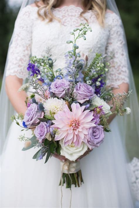 Purple Bridal Bouquet With Roses And Dahlias Spring Rustic Weddings