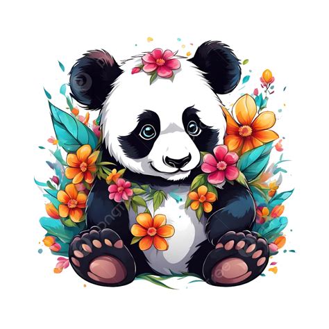 A Detailed Illustration Of Print Colorful Baby Panda Bear In Flowers A