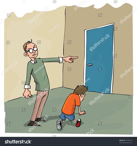 Cartoon Of Dad Scolding His Son And Sending Him Out Of The Room Stock Vector Illustration