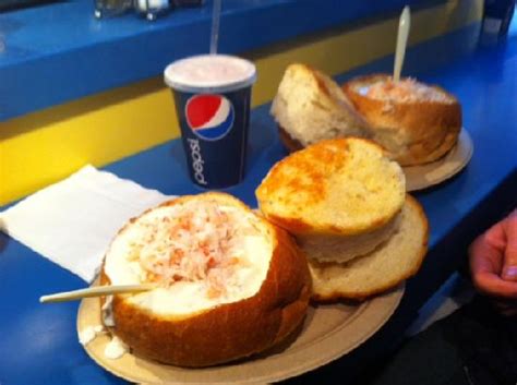 Splash cafe, pismo beach with kids: Clam chowder in Sourdough with crab & shrimp toppings ...