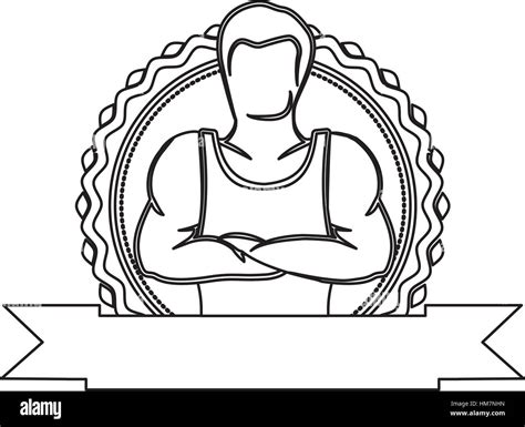 Contour Sticker Border With Silhouette Muscle Man Crossed Arms And