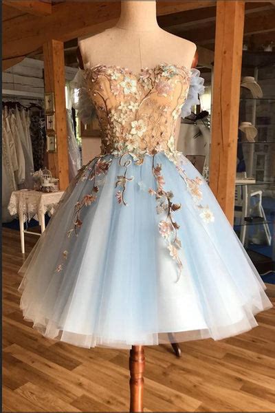 Lace Applique Light Blue Short Prom Dress Homecoming Dresses Hoco Gown