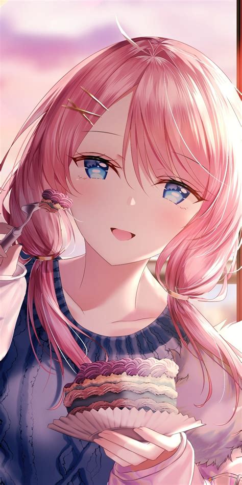 1080x2160 Cute Anime Girl Beautiful Eating Cake Wallpaper Kawaii