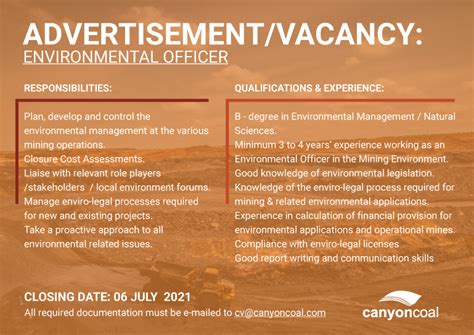 Vacancy Environmental Officer Canyon Coal