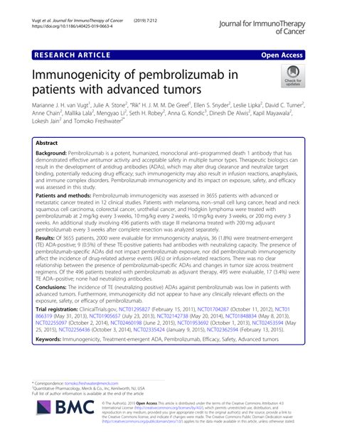 Pdf Immunogenicity Of Pembrolizumab In Patients With Advanced Tumors