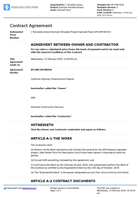 Contract Agreement For Construction Work Sample Template